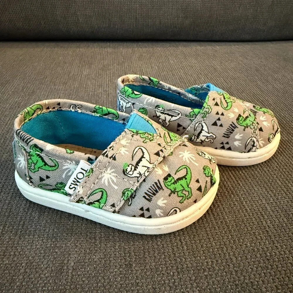 TOMS Kids Grey Canvas Shoes with Green Dinosaur Print
